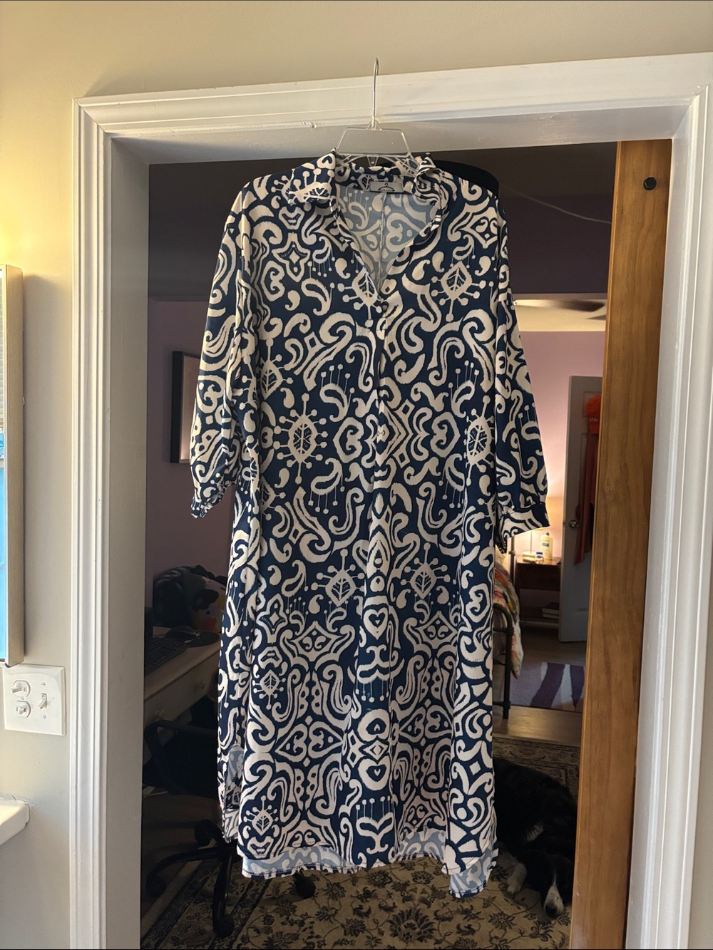 Navy and White Printed Midi Shirt Dress